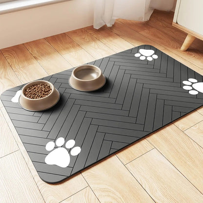 Pet feeding mat with waterproof rubber base and absorbent surface for cats and dogs