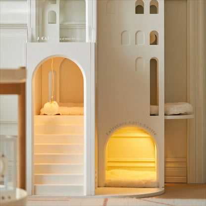 Dream Castle Cat House, Luxury Cat Bed with Lighting, Cozy Faux Fur Cat Hideaway