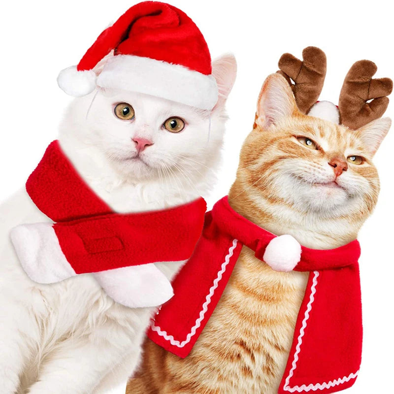 Cat Christmas costume set with reindeer antlers, Santa hat, red scarf, and pet cloak for holiday celebrations.