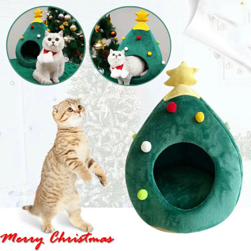 Christmas tree-shaped cat bed, semi-closed design for warmth and comfort, ideal holiday gift for cats.