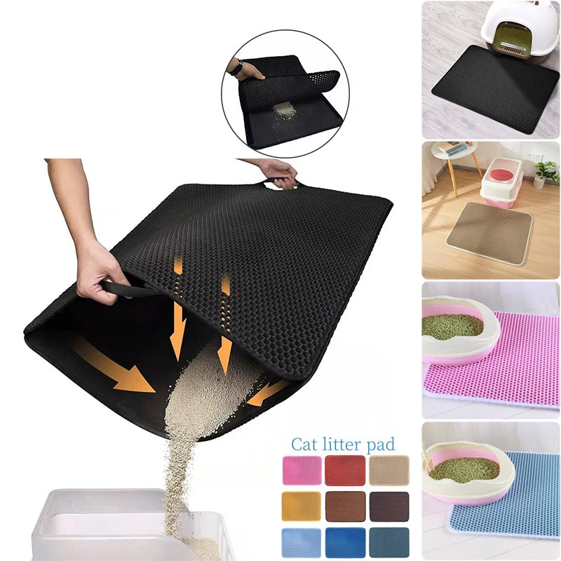 Double layer EVA cat litter mat with waterproof bottom, non-slip surface, and hexagonal holes for litter capture, ideal for maintaining a clean pet area.