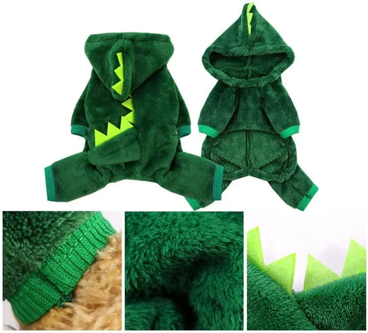 Small dog or cat wearing a Funny Dinosaur Cosplay Costume, showcasing a cozy fleece hoodie perfect for Halloween.