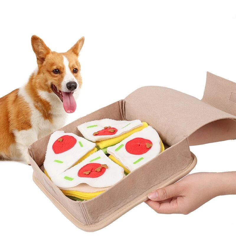 Pizza box-shaped interactive snuffle toy for dogs, perfect for nose work training and slow feeding