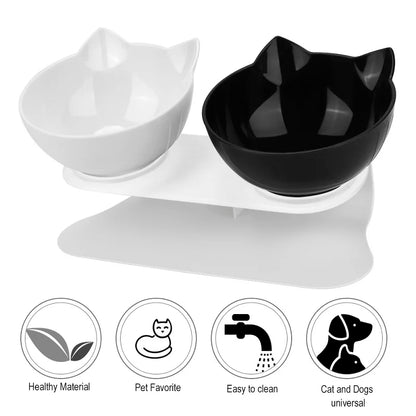 Elevated non-slip cat bowl set with angled dual bowls for food and water