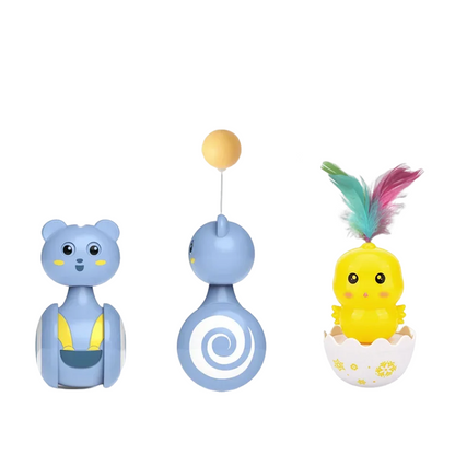 Interactive cat tumbler swing toy with feather wand and rotating ball