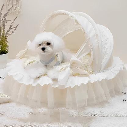 Luxury Princess Dog Bed with Lace Canopy for Small Dogs – Soft Washable Indoor Pet Cradle