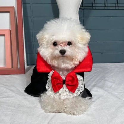 Red and black Halloween vampire cape costume for small to medium dogs, ideal for spooky parties and festive events.