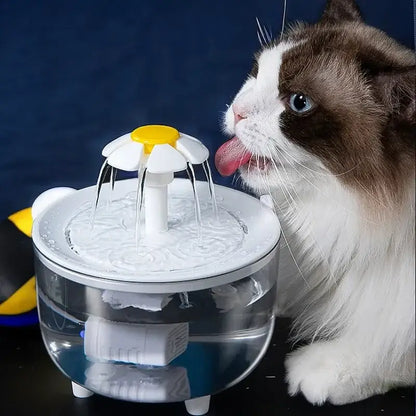 Silent automatic pet water fountain with continuous water flow for cats and dogs.