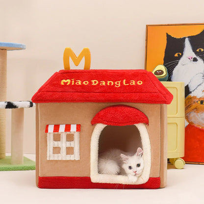 Removable enclosed pet cave for cats and dogs with washable winter design