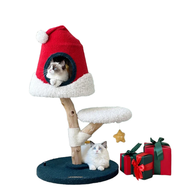 Festive Christmas tree cat tree with sisal rope posts, platforms, and a cozy cat house for climbing and scratching.