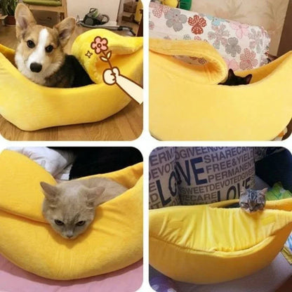 Large banana-shaped plush cat bed for small dogs and cats