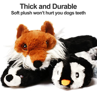 Stuffing-free squeaky dog toy with durable plush fabric and crinkle sound design for aggressive chewers and mess-free fun.