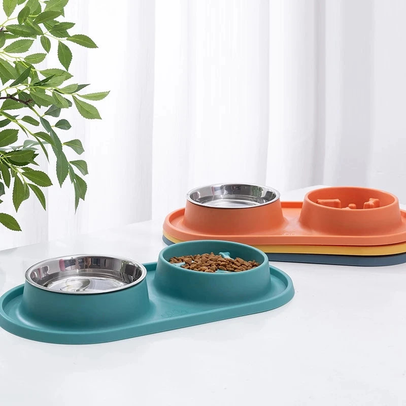 Dual dog and cat feeding bowl with anti-choking design, stainless steel bowls, and non-slip silicone mat for convenient feeding