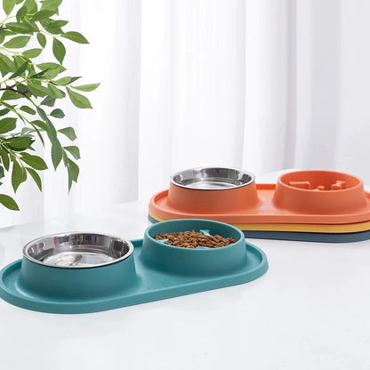 Dog double bowl feeder with non-slip silicone mat for cats and dogs