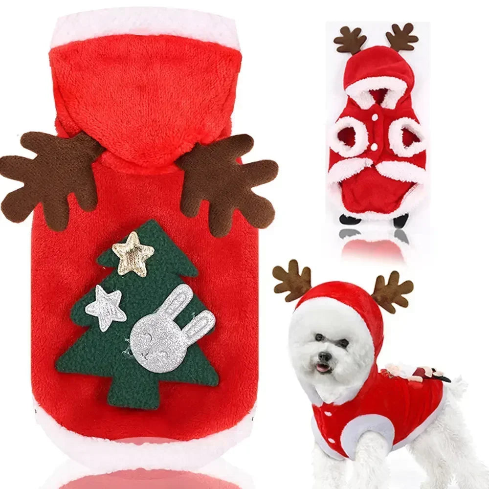 Christmas-themed flannel hoodie for cats and dogs, featuring festive Santa and elk designs for winter warmth and style.