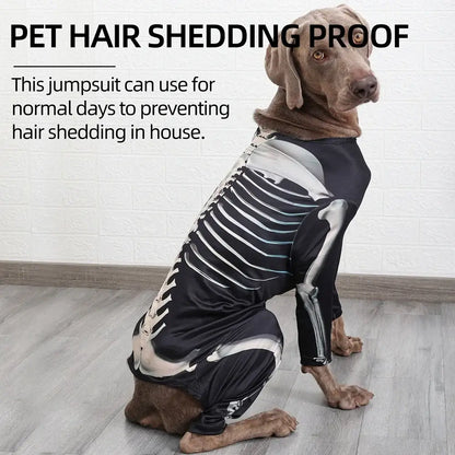 Medium-sized dog wearing a black Halloween skeleton costume with white bone print, standing on a decorated floor.