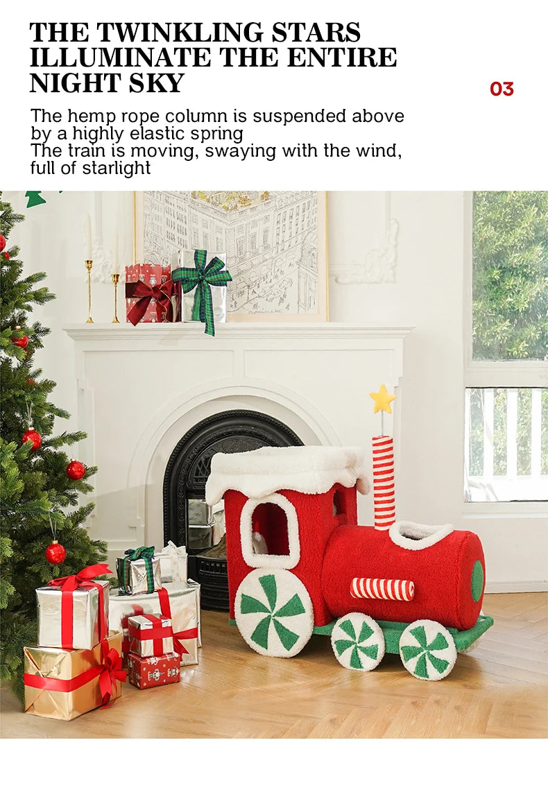 Christmas-themed cat climbing frame with cozy sleeping nest and sisal scratching posts.