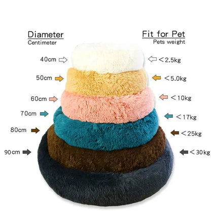 Ultra-soft round plush pet bed for cats and dogs, winter-ready with long plush fabric and non-slip base, available in sizes from 40cm to 90cm.