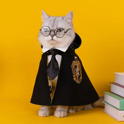 Cat wearing wizard shirt and cape inspired by Harry Potter magic academy outfit