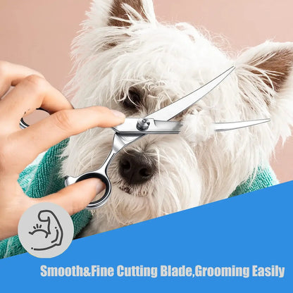 Pet grooming scissors with rounded safety tips and ergonomic handle for trimming dog and cat fur safely and precisely.