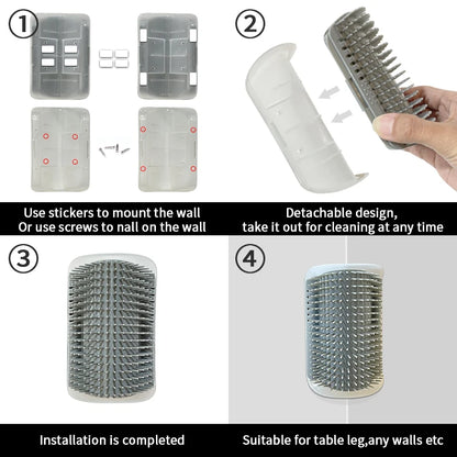 Self-grooming cat brush for hair removal and massage with easy wall attachment