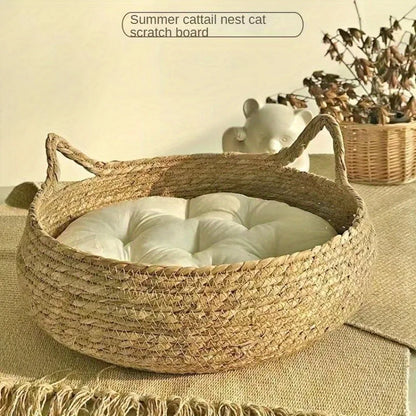 Handmade vine woven cat nest with detachable warmth pad for year-round comfort