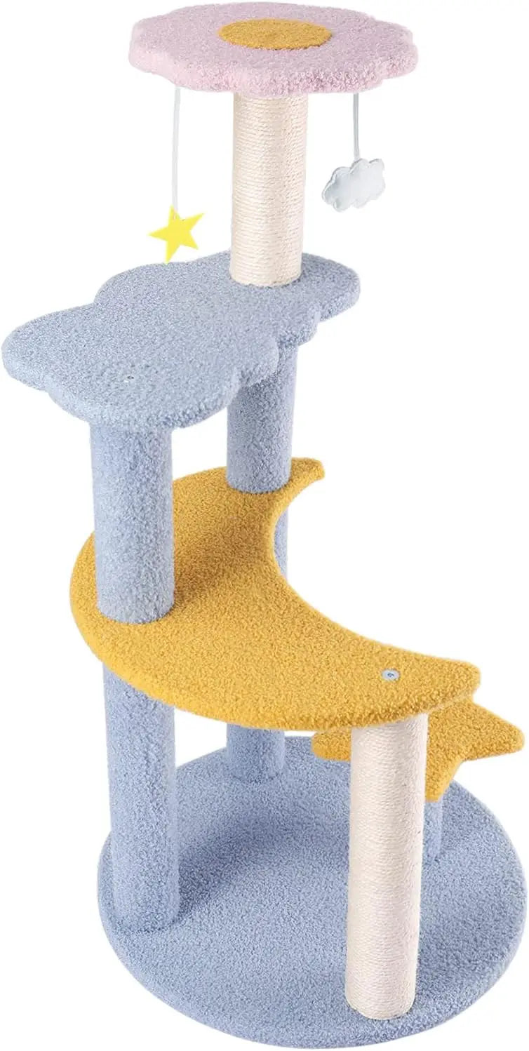 Cute kitten tree tower with multi-level design and sisal-covered scratching posts for cats.