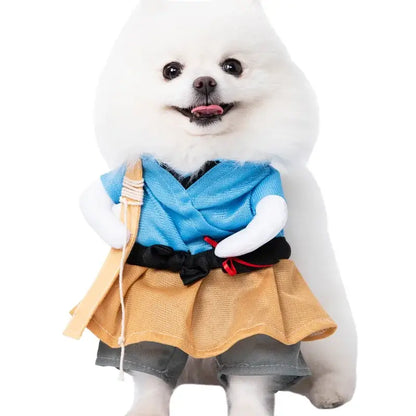 Dog wearing a Halloween costume with foam dagger and stuffed body design.