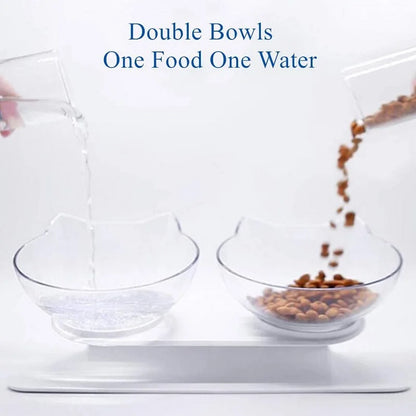 Elevated non-slip cat bowl set with angled dual bowls for food and water
