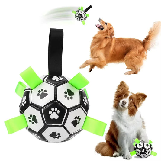 Durable dog soccer toy with high-stretch material for active play and chewing