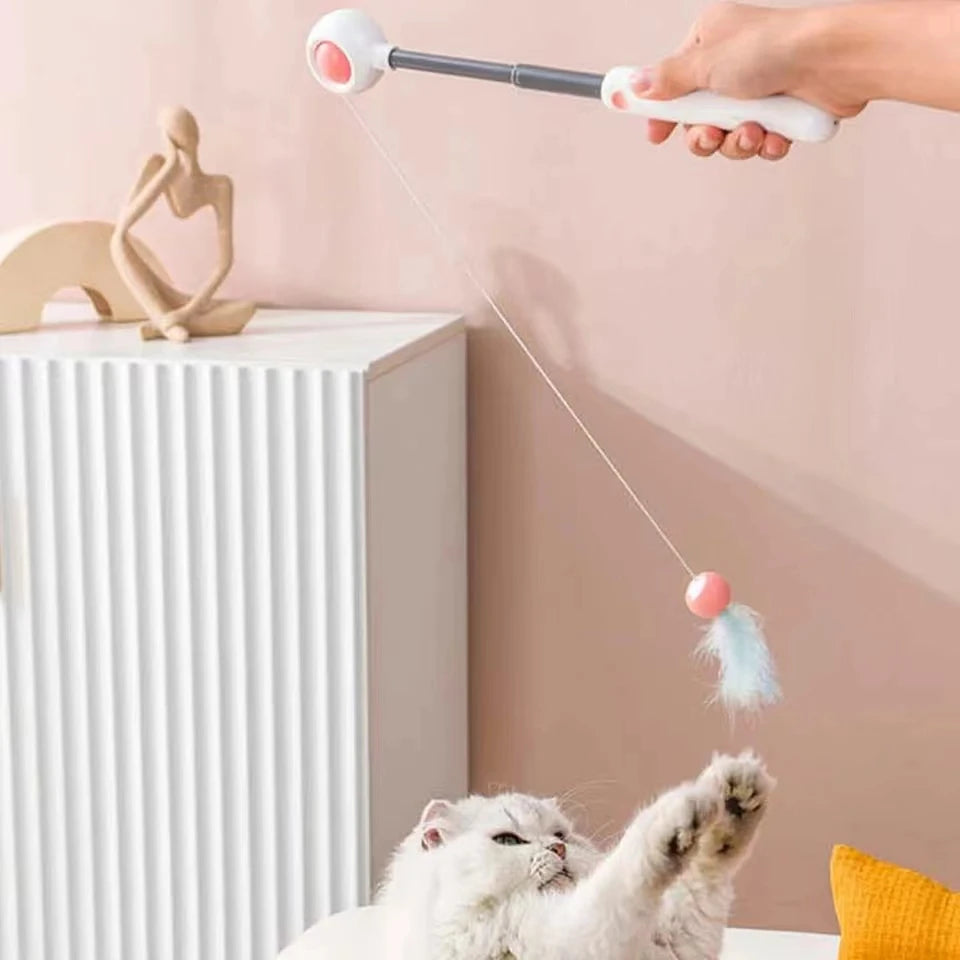 Interactive gravitational cat teaser with laser wand for engaging and safe play, designed for stimulating activity in cats.