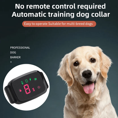Rechargeable waterproof anti-bark dog collar with sound and vibration correction and HD display for humane training.