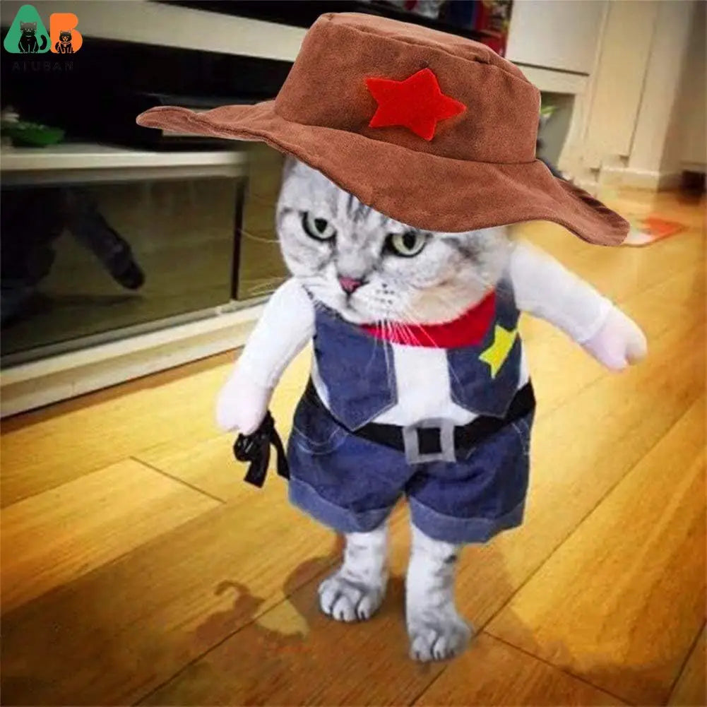 Pet Dog Cat Cowboy Costume with Denim Jacket and Hat – Funny Pet Halloween Costume for Cats and Small Dogs