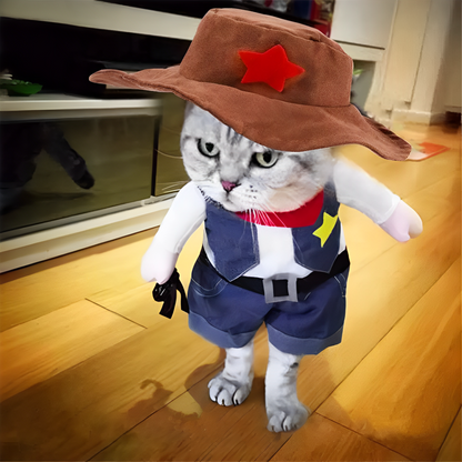 Pet dressed in a denim cowboy jacket and cowboy hat for Halloween or costume parties