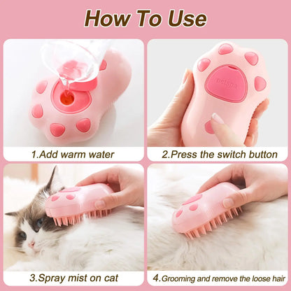 3-in-1 steam pet grooming brush for fur removal, detangling, and massaging cats and dogs