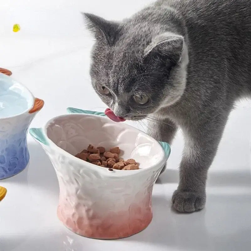  Cat Bowl Pet Feeder Dish - Ceramic Elevated Feeding Bowl for Dogs and Cats in Pink.