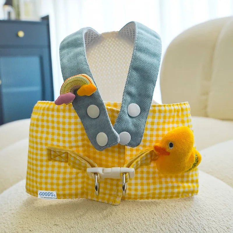 Fries-themed puppy harness set with matching hat and leash, ideal for small dogs on walks and outings.