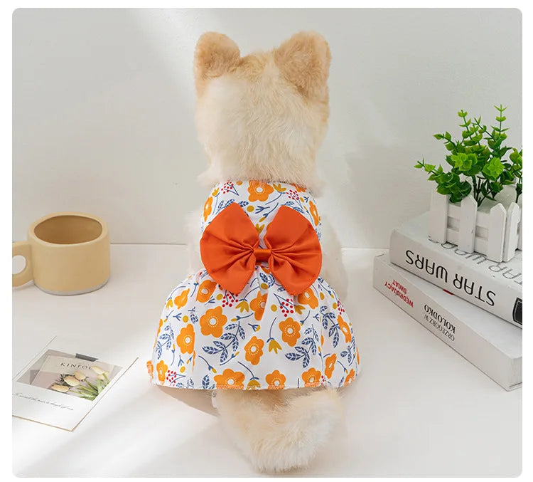 Cute dog princess dress with bowknot and button details, perfect for summer weddings, parties, and small dogs or cats