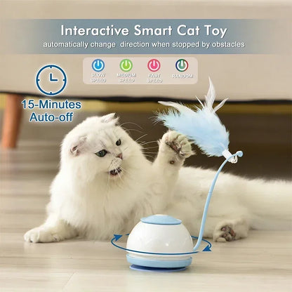 USB rechargeable electric cat toy with 360° rotation, feather attachments, and four interactive speed modes.