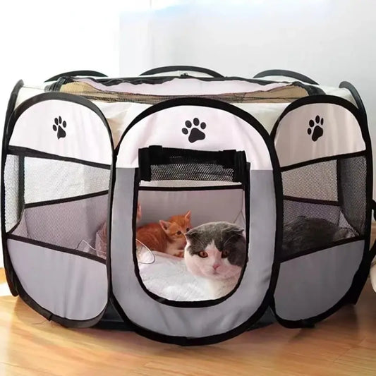 Foldable outdoor pet tent kennel with mesh panels for dogs and cats, portable and lightweight design
