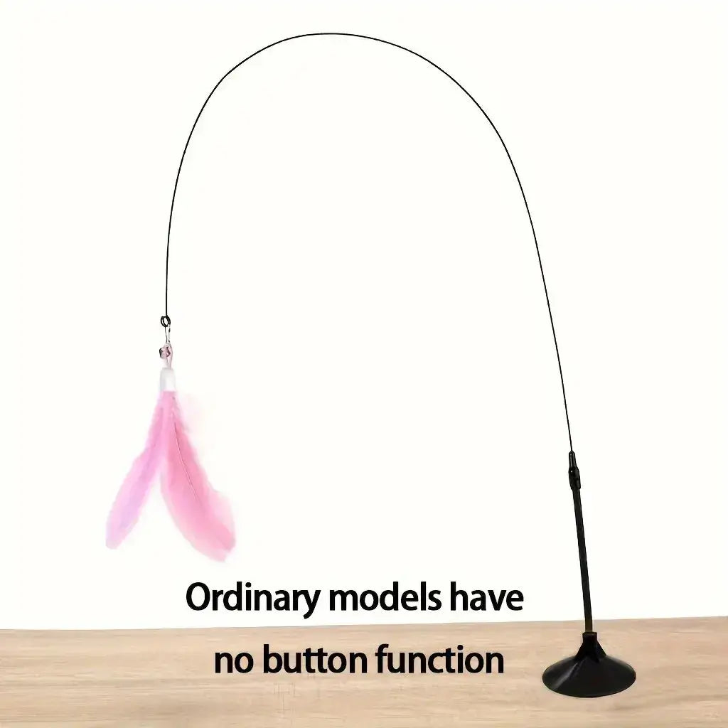 Interactive cat teaser toy with bell and feather wand, featuring a suction cup for exciting playtime adventures.