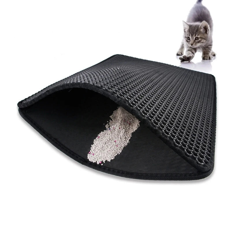 Double layer EVA cat litter mat with waterproof bottom, non-slip surface, and hexagonal holes for litter capture, ideal for maintaining a clean pet area.