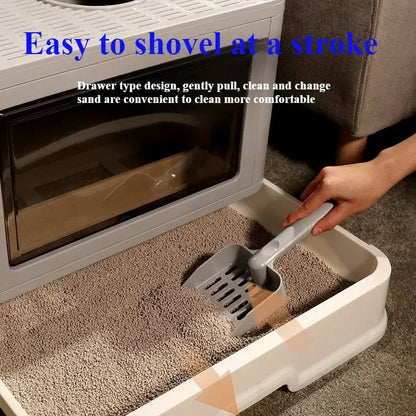 Square full closed cat litter box with large enclosed design, anti-splash walls, and pull-out drawer for easy cleaning and odor control.