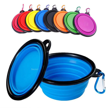 Collapsible silicone dog bowl for travel, camping, and hiking, lightweight and portable for outdoor pet feeding.