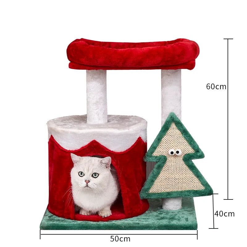 Festive cat climbing shelf with scratching post, hammock, and wooden platforms – perfect for Christmas fun.