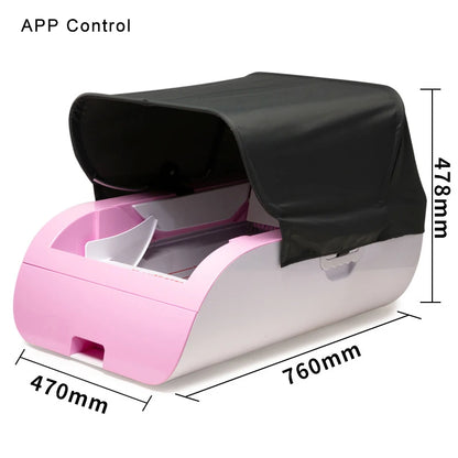 Self-cleaning automatic cat litter box with ionizing deodorizer and anti-pinch safety feature, suitable for indoor and outdoor use.