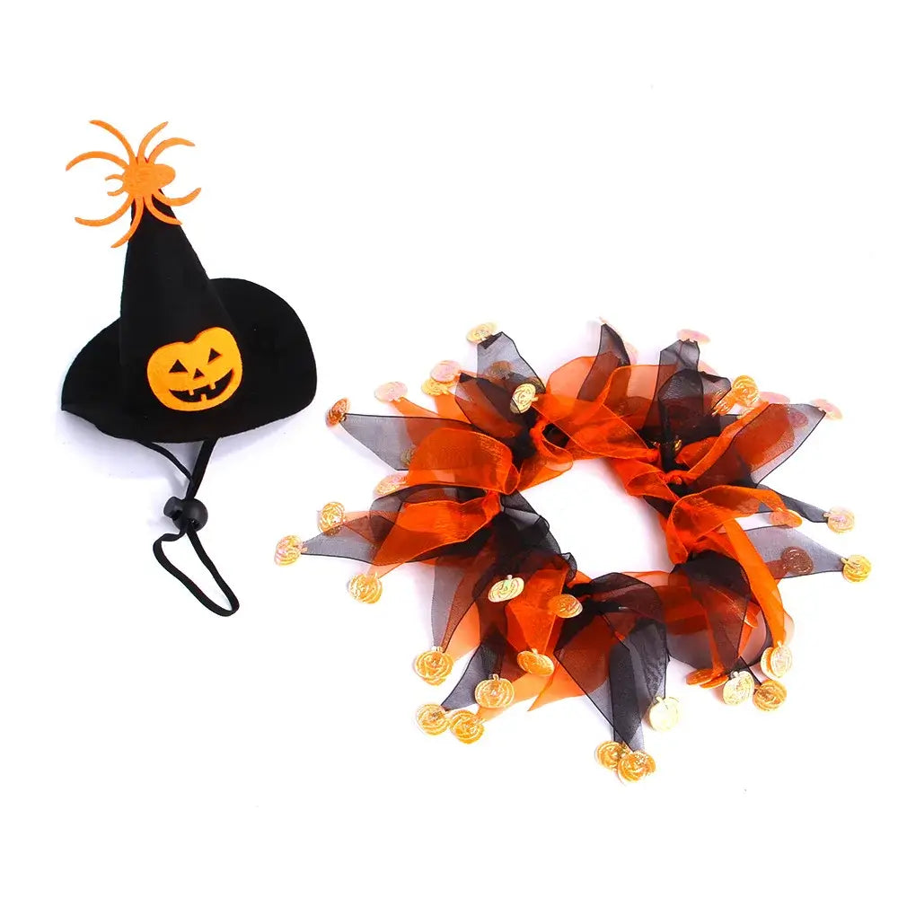 The Pet Paradise Halloween and Christmas Cat Costume Set featuring a pumpkin hat and scarf, perfect for festive celebrations.