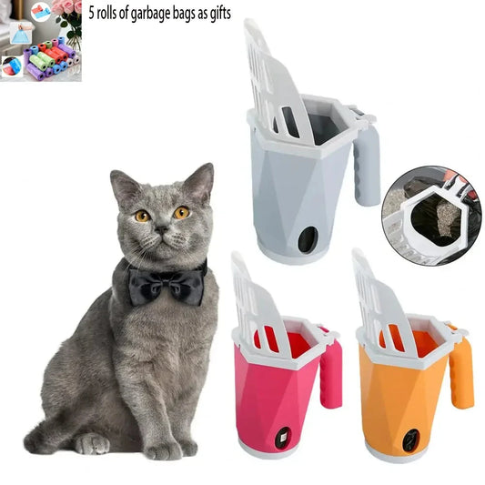 Cat litter scoop with built-in trash can and refill bags, portable and durable for easy litter box cleaning