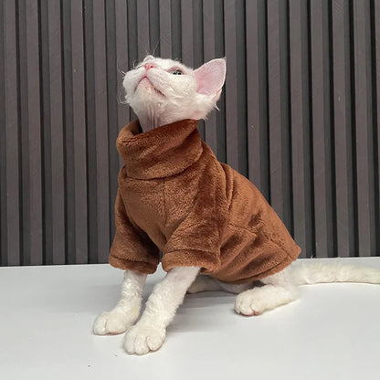 Hairless cat wearing turtleneck fleece winter sweater