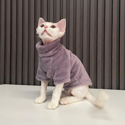 Hairless cat wearing turtleneck fleece winter sweater